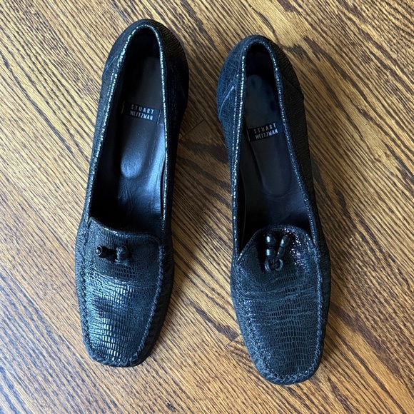 Stuart Weitzman Women’s 12 Black Leather Textured Heeled Loafer - Picture 2 of 8